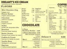 Dreamy's Ice Cream menu